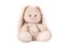 Isolated sitting toy rabbit. Plush gift. Bunny