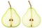 Isolated sliced pears. Two yellow green pear fruits slices isolated on white background with clipping path