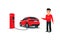 Isolated Smiling Man with Red Electric Car SUV Charging