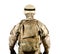 Isolated soldier in uniform standing fully equipped rear view