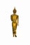 Isolated statue of golden Buddha from behind on white background