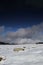 Isolated stone in a snowy landscape in Pyrenees