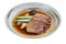 Isolated Streamed beef tounge gyutan served with shiitake, Japanese scallion and chilli with soup in rounded stone plate.