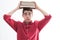 Isolated student with books on her head and stress