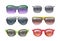 Isolated sunglasses. Colorful sunglass, realistic bright frames. Plastic metal rim, summer face protection fashion