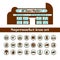 Isolated supermarket icon set in brown. Layout of the building