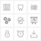 Isolated Symbols Set of 9 Simple Line Icons of shield, gear, tooth, setting, user interface