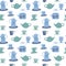 Isolated tea ceremony seamless doodle pattern. Blue cups and teapots silhouettes on white background