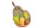 Isolated of Thai local fruit as green mangos, ripe mango,sweet mango ,Montong Durian and pineapple in the wood basket