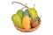 Isolated of Thai local fruit as green mangos, ripe mango,sweet mango and pineapple in the wood basket