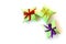 Isolated three apple-green paper gift boxes with red, violet, golden satin ribbons bows on white background with copy space