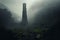 Isolated tower reaching into the misty and