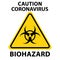 Isolated triangular yellow biohazard sign icon with Caution Coronavirus Biohazard written on it