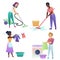 Isolated vector adult people cleaning up indoors. Cleaning home.