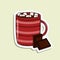 Isolated vector cup with beverage and marshmallow and chocolate bar. Red cup with stripes. Colorful cartoon sticker
