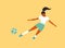 Isolated vector illustration of young female soccer player hits ball on yellow background