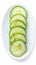 Isolated view of single cucumber slice on white background, plate