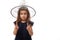 Isolated waist length portrait of pretty little witch girl wearing a wizard hat and dressed in stylish carnival dress, gesturing,
