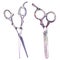 An isolated watercolor illustration of a group of two pairs of metal hairdressing scissors, isolated on white background