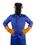 Isolated welder in robe and helmet
