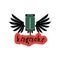 Isolated on white karaoke emblem with one green vintage style microphone with black wings and inscription on red