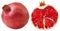 Isolated on white red pomegranate fruit. Whole pomegranate fruit and cutted half with red seeds. Healthy food concept. Food parts