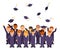 Isolated on white students crowd celebrate rejoice flying graduation hats group graduate solemn characters isolated on