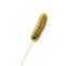 Isolated whole pickle with marinade droplets on a stick