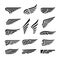 Isolated wings icons. Vintage wing, retro air elements. Isolated black abstract eagle, bird or plane parts, aviation or