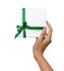 Isolated Woman Hands holding Holiday Present White Box with Green Ribbon on a White Background