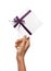 Isolated Woman Hands holding Holiday Present White Box with Purple Ribbon on a White Background