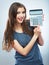 Isolated woman hold count machine. Isolated female portrait.