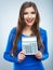 Isolated woman hold count machine. Isolated female portrait.