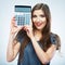 Isolated woman hold count machine. Isolated female portrait.