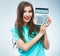 Isolated woman hold count machine. Isolated female portrait.