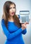 Isolated woman hold count machine. Isolated female portrait.