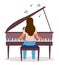 Isolated woman playing piano, vector cartoon character playing music, notes icons, home activity