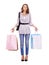 Isolated woman, portrait and shopping bag with oops, regret or overspending by transparent png background. Young model