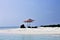 Isolated woman sleeping under two pink beach umbrellas on the maldivian sand Ari Atoll, Maldives,Asia