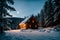 Isolated wooden cottage amid snow-laden conifers on a mountain clearing hidden within the forest in the winter - Starry night