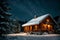 Isolated wooden cottage amid snow-laden conifers on a mountain clearing hidden within the forest in the winter - Starry night