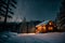 Isolated wooden cottage amid snow-laden conifers on a mountain clearing hidden within the forest in the winter - Starry night