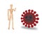 Isolated of a wooden human figurine showing stop gesture next to angry virus on white background