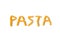 Isolated word pasta made of yellow durum pasta on a white background. Fusilli swirl pasta.