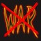 The isolated word `WAR` crossed out by two red lines. Fiery yellow-red letters on a black background.