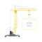 Isolated yellow tower hoisting crane with frame, border with space for text on white background. Lifting crane