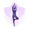 Isolated yoga label with Tree  pose and flower of lotus.  Isolated woman silhouette standing with abstract violet grunge paintbrus