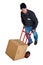 Isolated young delivery man with his hand truck 02