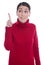 Isolated young woman in red raising up her forefinger: good idea
