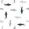 Isolated zoo marine seamless pattern with grey colored shark fish ornament. White background